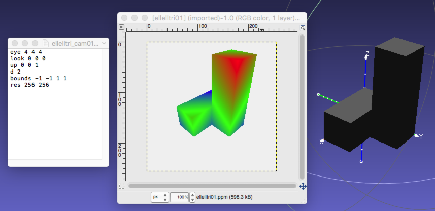 Montage of camera model specification, resulting image, and ell ell model.
