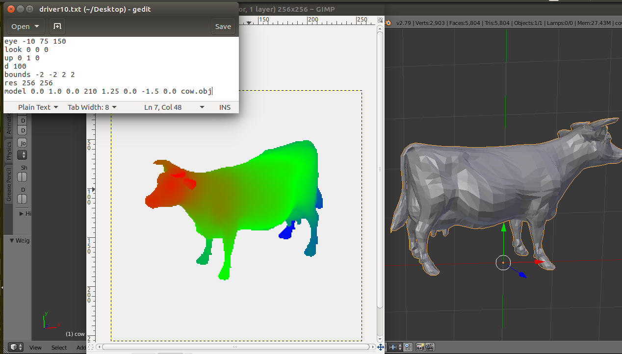 Montage of driver specification, resulting image, and cow model.