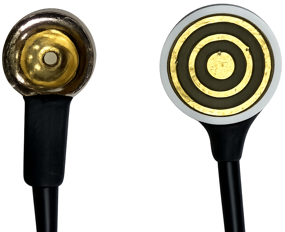 Side-by-side comparison of a conventional disc EEG electrode and a tripolar concentric ring electrode showing its gold concentric rings.